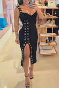 Bodycon Dress with Gold Eyelet Details