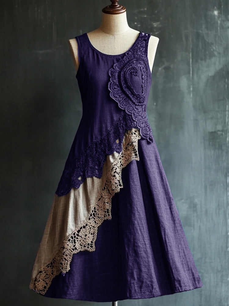 Retro Elegant Lace Patchwork Linen Tank Dress