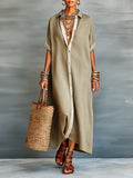 Women’s Linen & Cotton Shirt Dress – Casual Loose Fit Summer Midi Dress