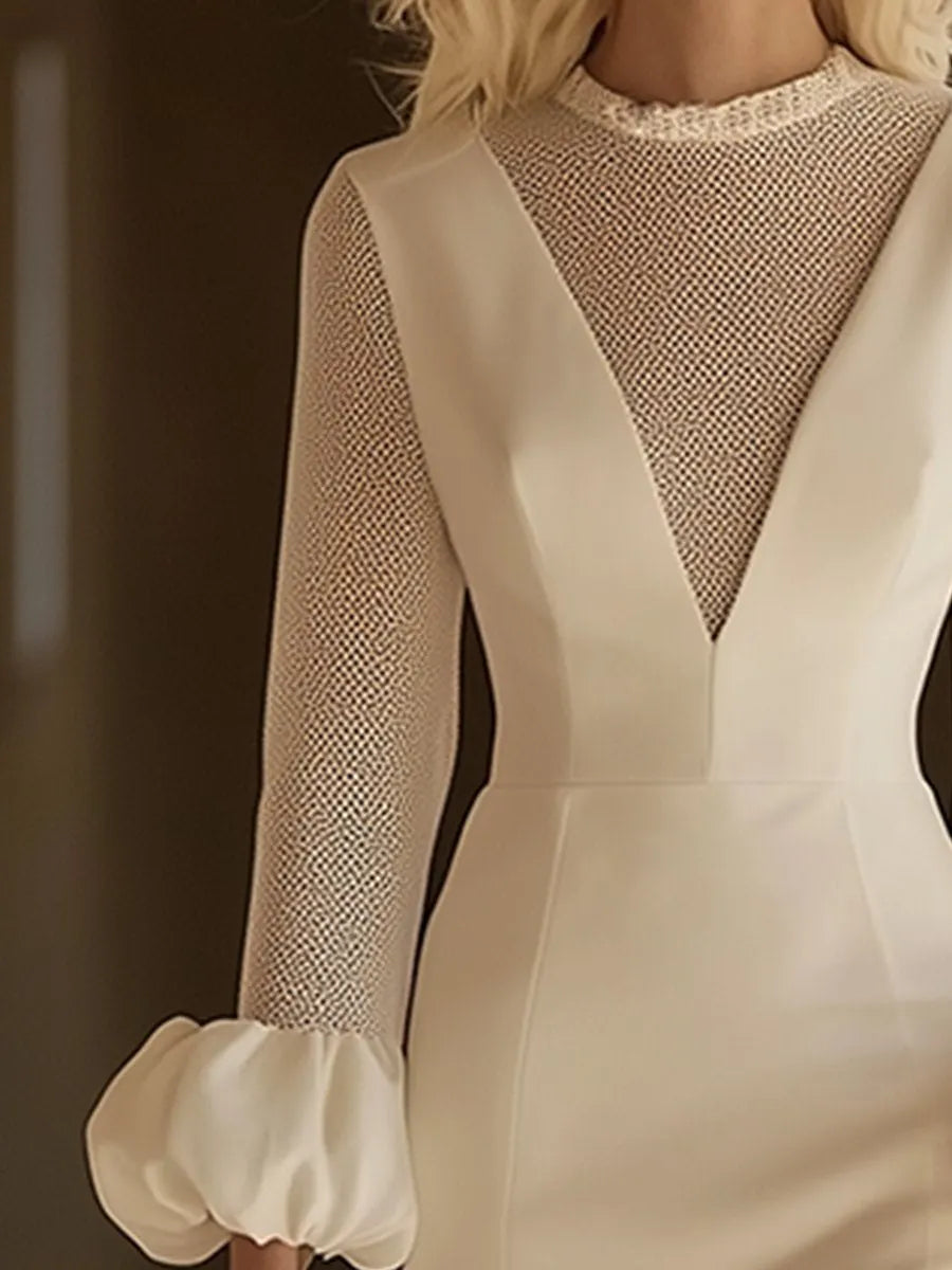 [24-hour shipping out]Elegant Classic Splicing Mesh Puff Sleeve Midi Dress