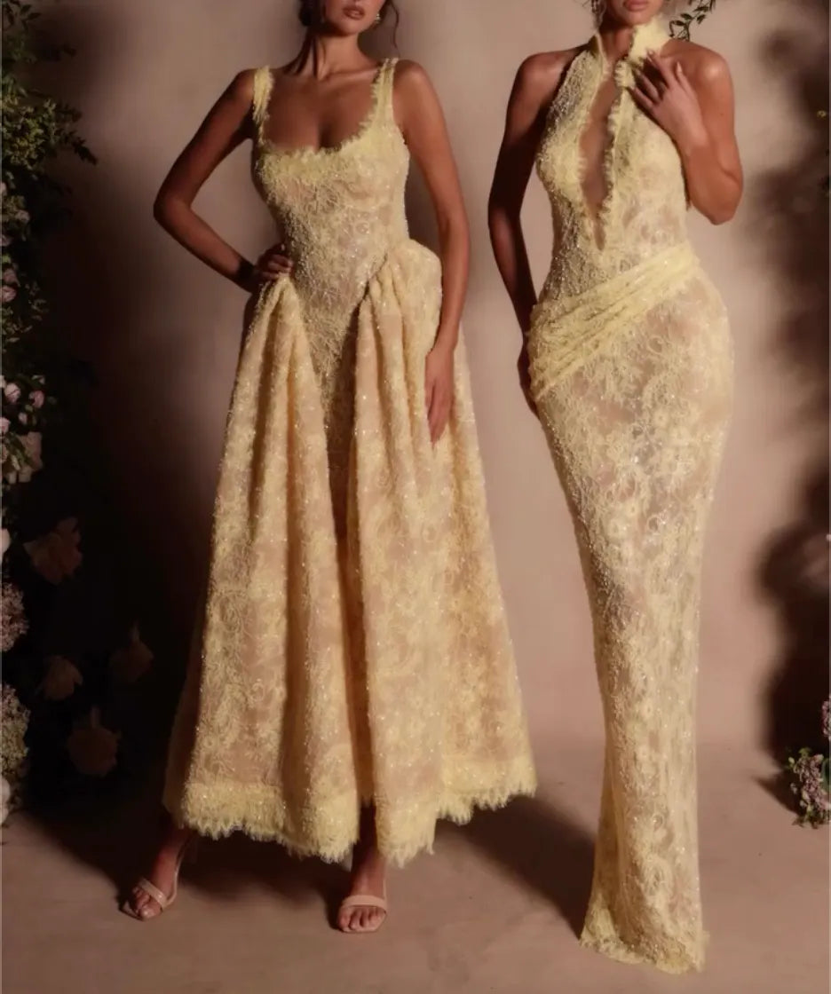 Pale Yellow Fringe Lace 2-in-1 Evening Gown, Sheer Beaded Formal Dress with 2 Silhouette Options: Square Neck A-Line / High Neck Halter Mermaid