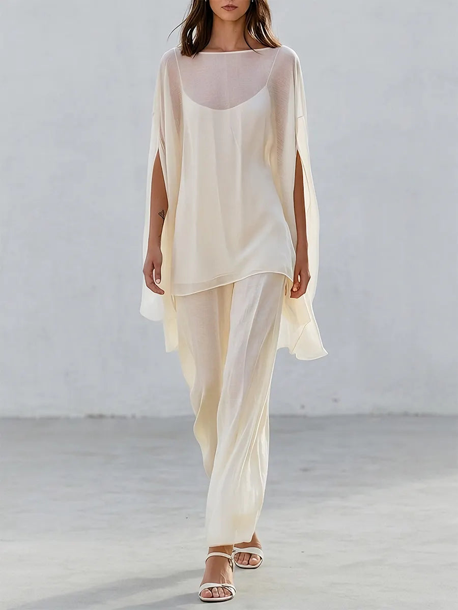 Resort Sheer Kaftan Top With Flowing Wide Leg Trousers Set