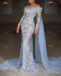 Women's Off Shoulder Blue Embroidery Evening Dress