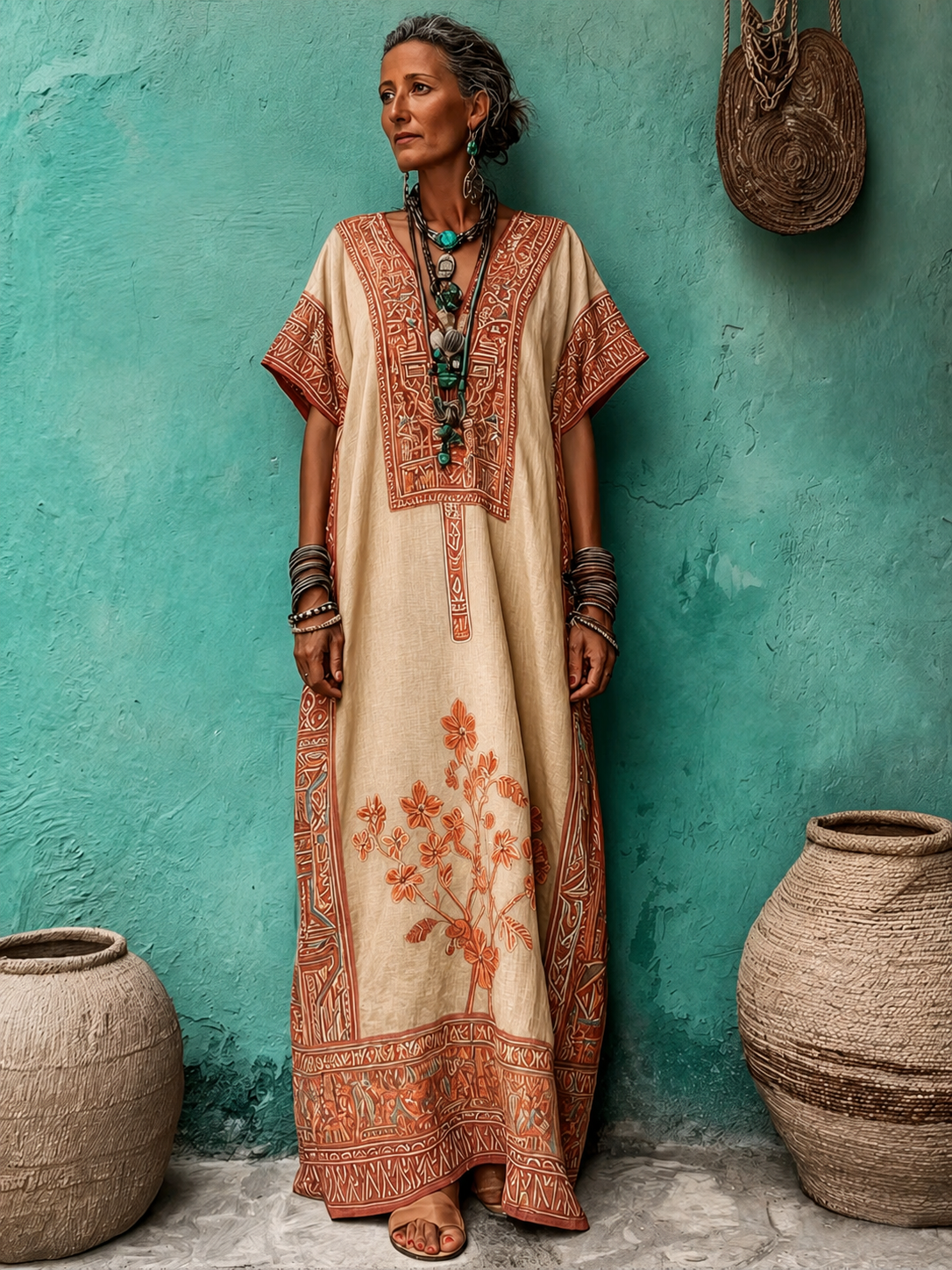 Bohemian-Print Loose and Cozy Linen-Cotton Dress
