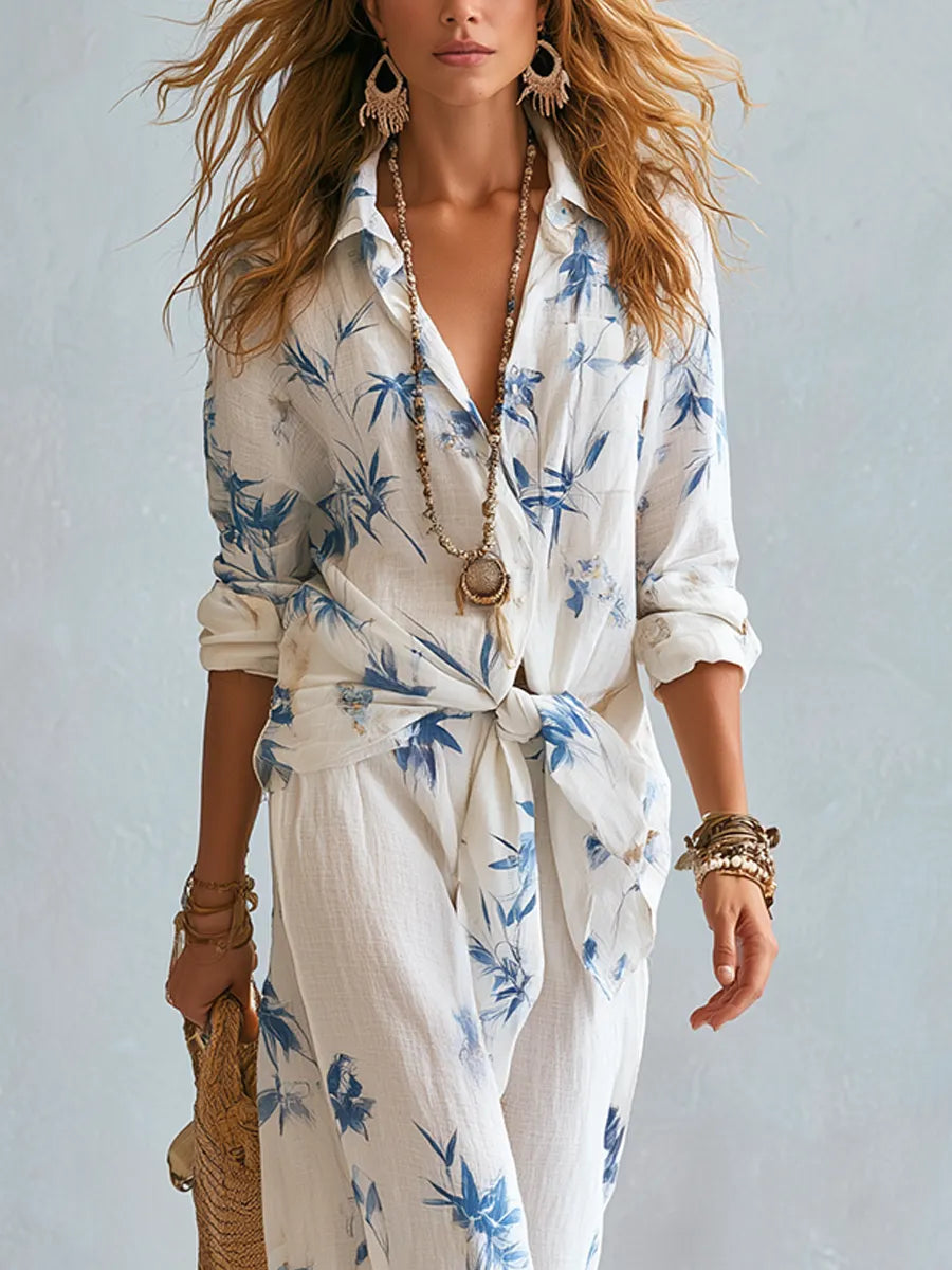 Bohemian Blue Floral Shirt And Wide-leg Pants Suit
