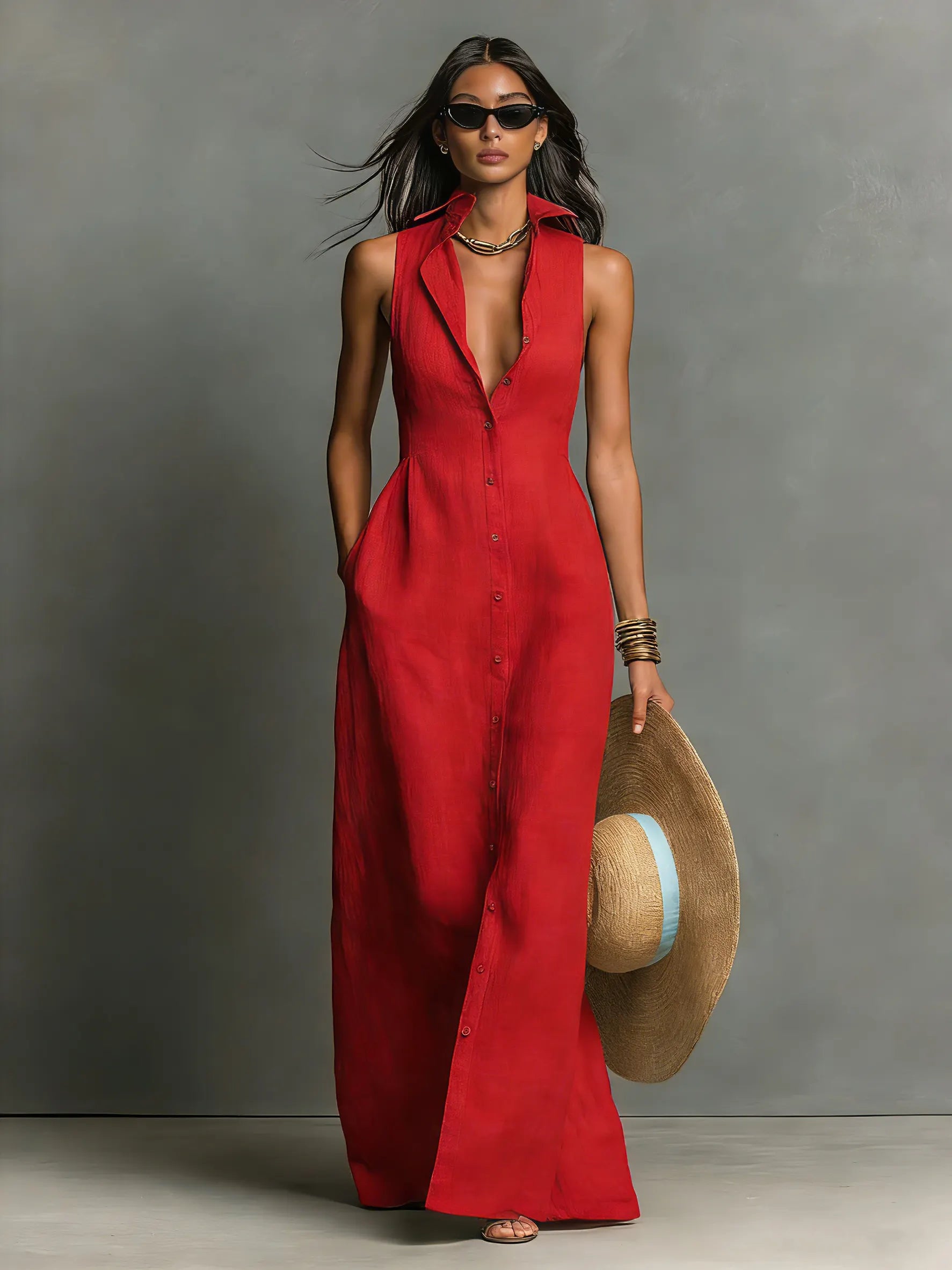 Women's Minimalist Linen-Blend Collared Single-Breasted Sleeveless Maxi Shirt Dress