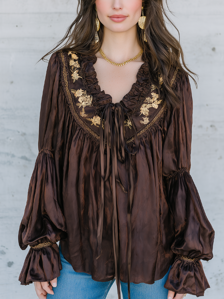 Romantic Dark Brown Embroidered Ruffle Blouse