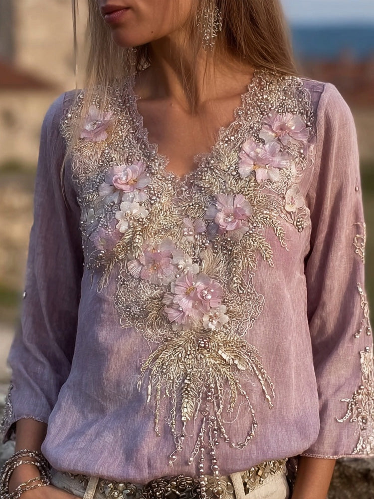 Vintage Glitter Flowers Embroidered V Neck Linen Tunic