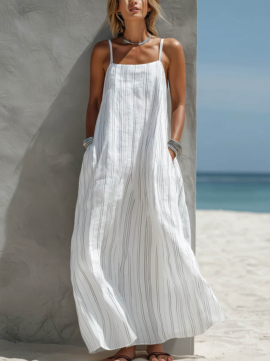 Women's Striped Print Casual Loose-fit Cotton-linen Sundress
