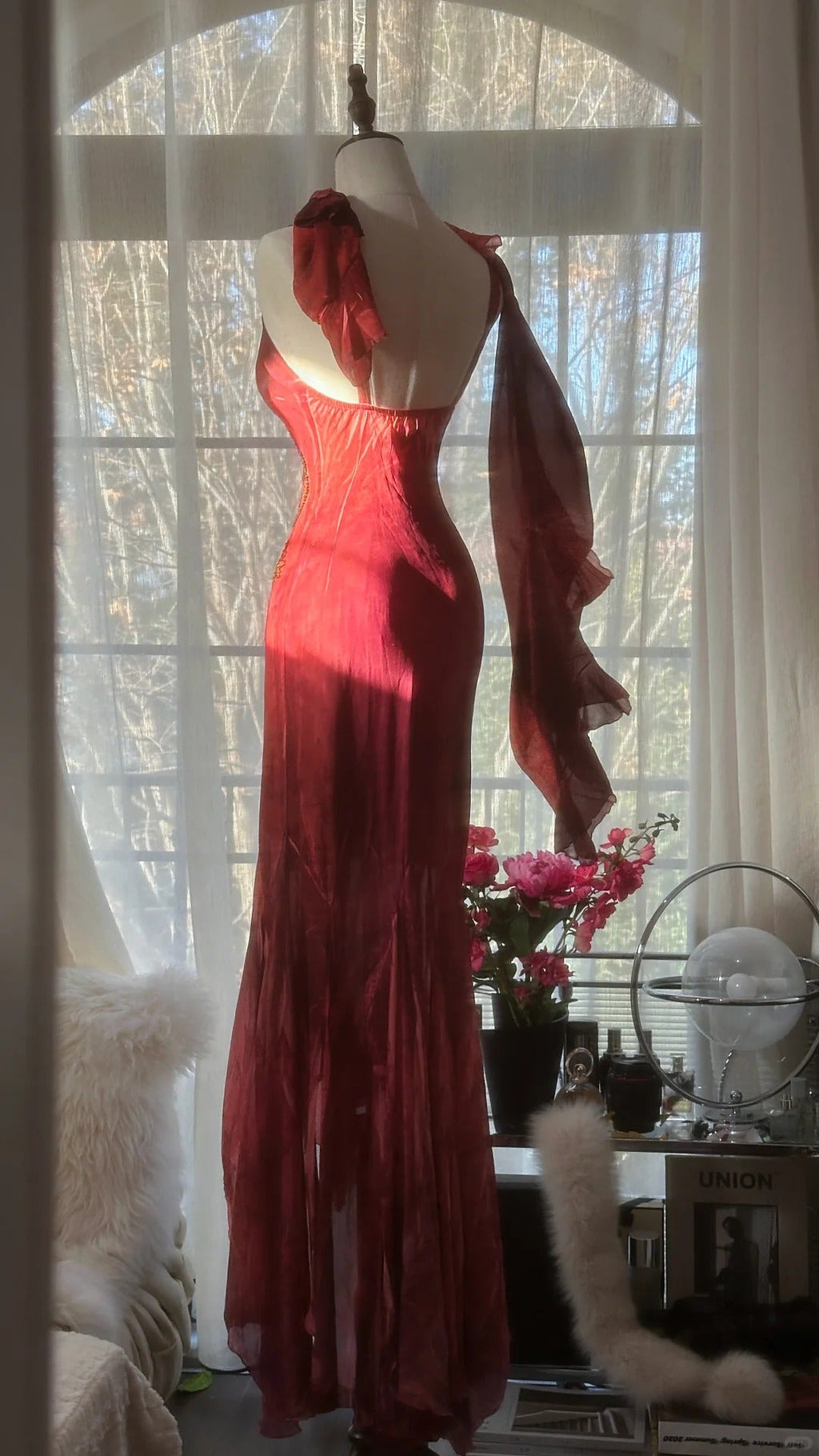 Red Romantic Fashion Elegant Exquisite Lotus Gold Beaded Long Chiffon Fishtail Skirt Mermaid Slim Ball Gown Evening Dress Birthday/Wedding Guest/Holiday Party Dress Prom Dress Valentine's Day Date Dress 4029