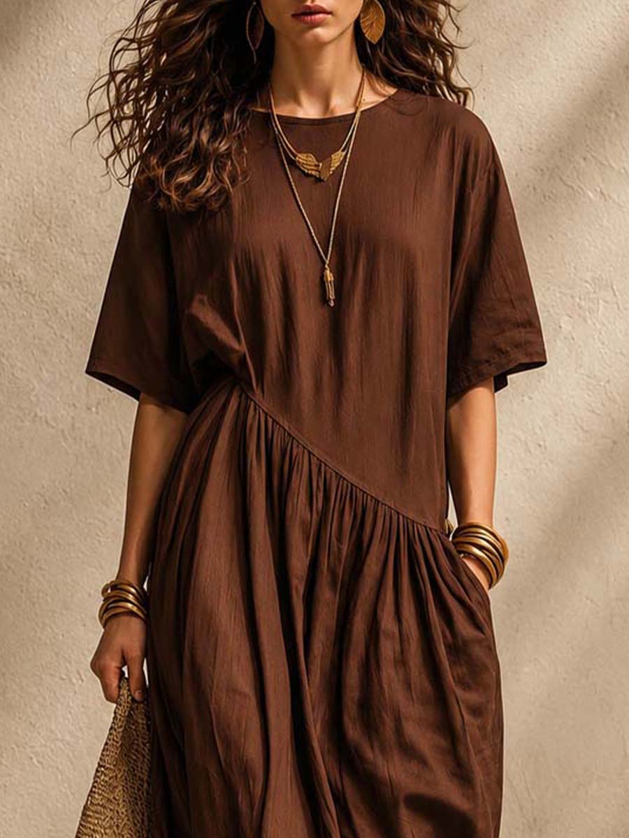 Old Money Wind Tencel Blend Linen Asymmetrical Cut Shirt Mid-Length Dress