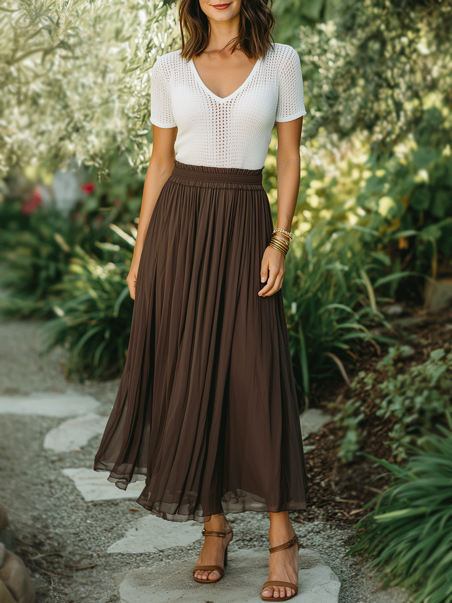 Elegant Brown & Ivory Knit Top & Pleated Maxi Skirt Set