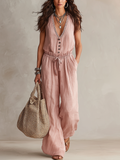 Casual Dusty Pink Button-Front Pant Set