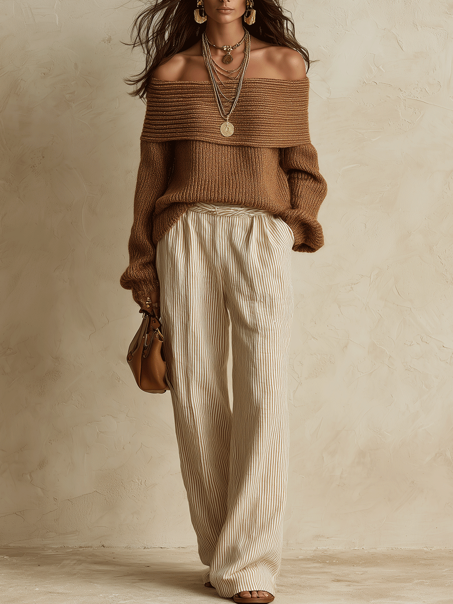Cozy Autumn Chunky-Knit Drop-Shoulder Slouchy Brown Pullover Sweater