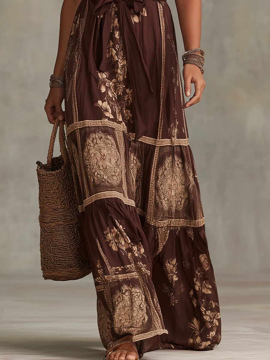 Elegant Chocolate Brown Floral Off-Shoulder Maxi Dress