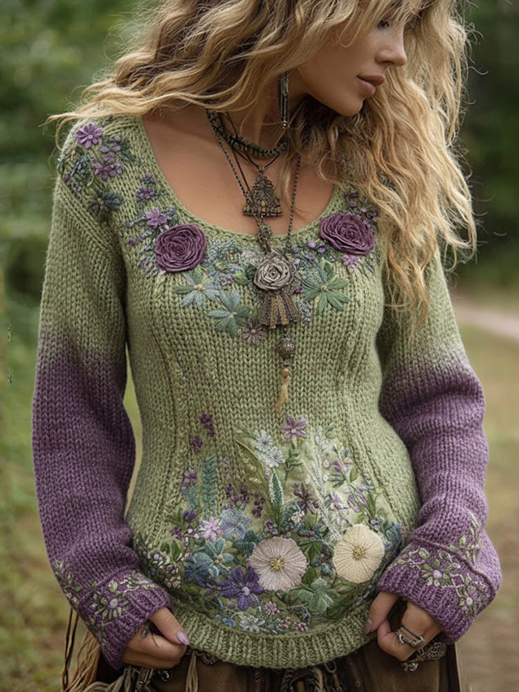 Classy Gradient Purple Lavender And Floral Embroidered Sweater