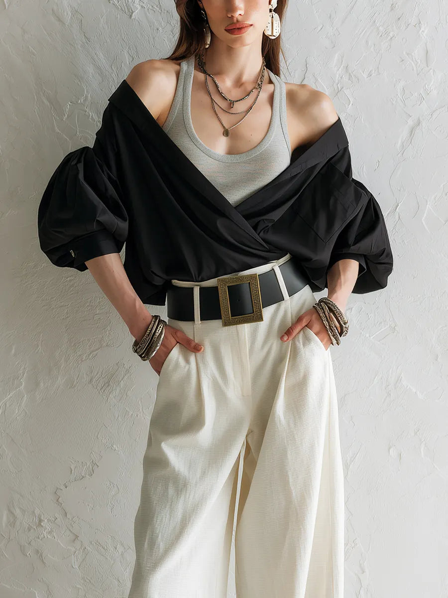 Modern Black Off Shoulder Draped Blouse With Wide Leg Pants