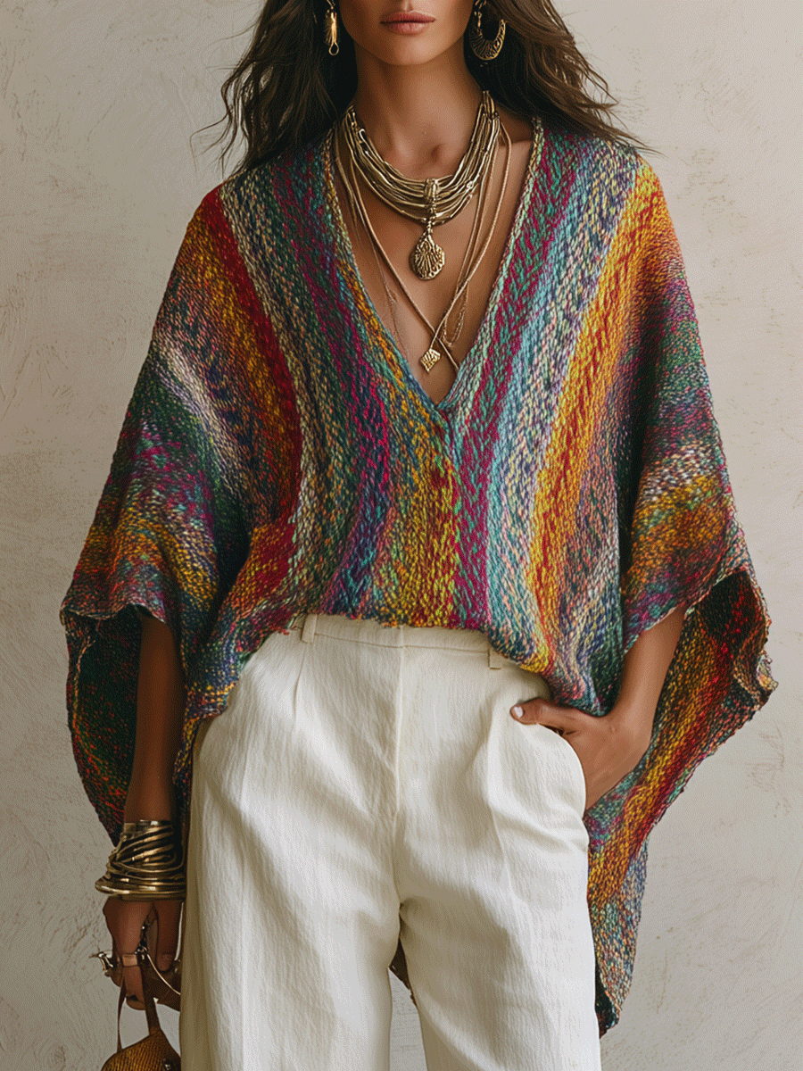 Coastal Boho Hand-Knit Multicolor Batwing Oversized Colorful Knit Top