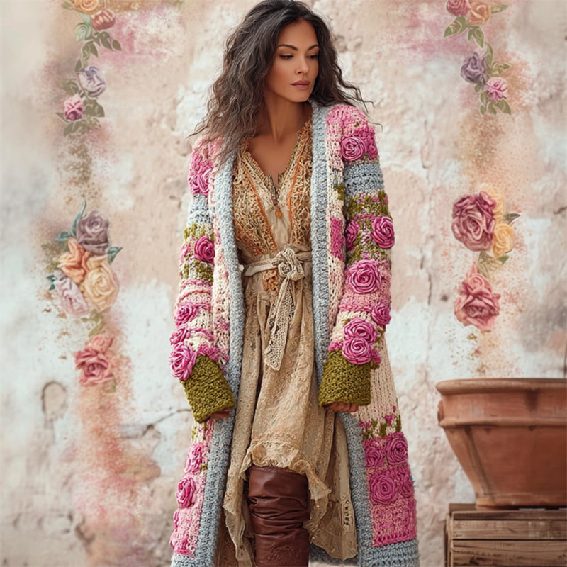 Vintage Pink Roses Colorblock Crochet Chunky Cozy Cardigan