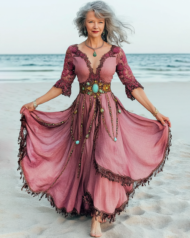 Summer Vacation Seaside Turquoise Beaded Linen Dress e334