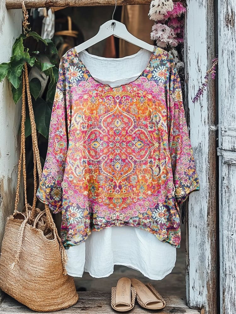 Vintage Bohemian Ethnic Print V-neck Cotton Line Blouse