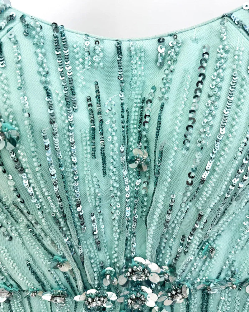 Crystal Floral Strap Sequin Maxi Dress Green