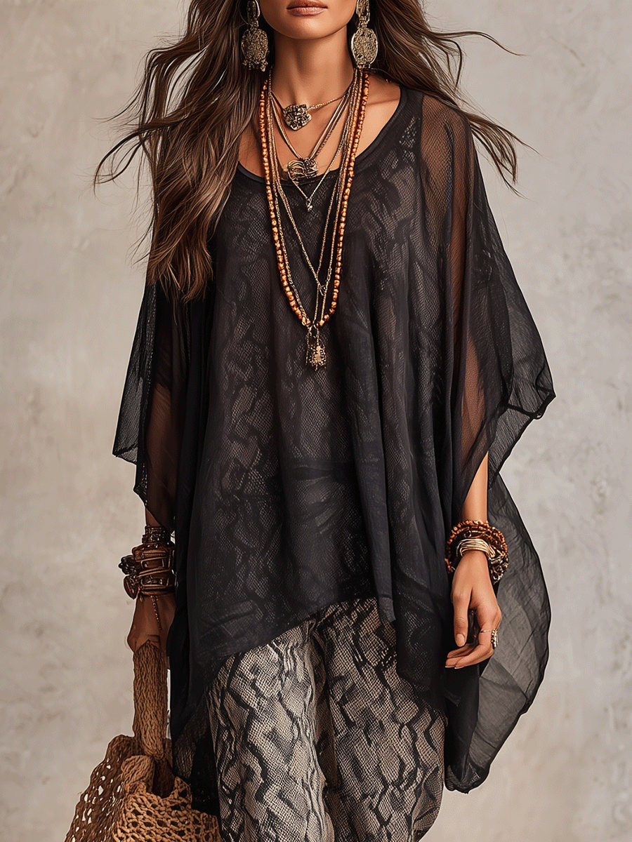 Chic Relaxed Sheer Oversized Top With Wide Pants Set