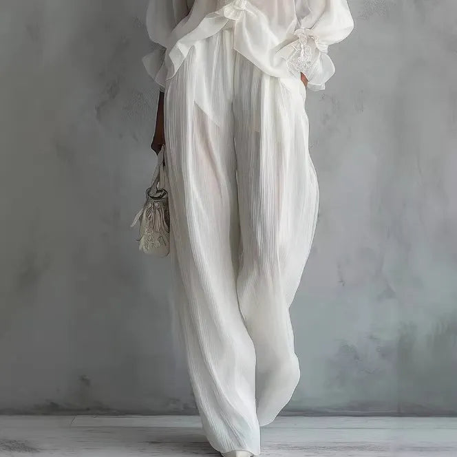 Elegant White Ruffle V-Neck Set - Flowy Lantern Sleeve Top & Wide Leg Pants Resort Suite
