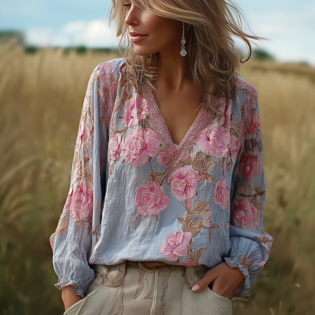 Bohemian Retro Countryside Plant Flower Pattern V-neck Top