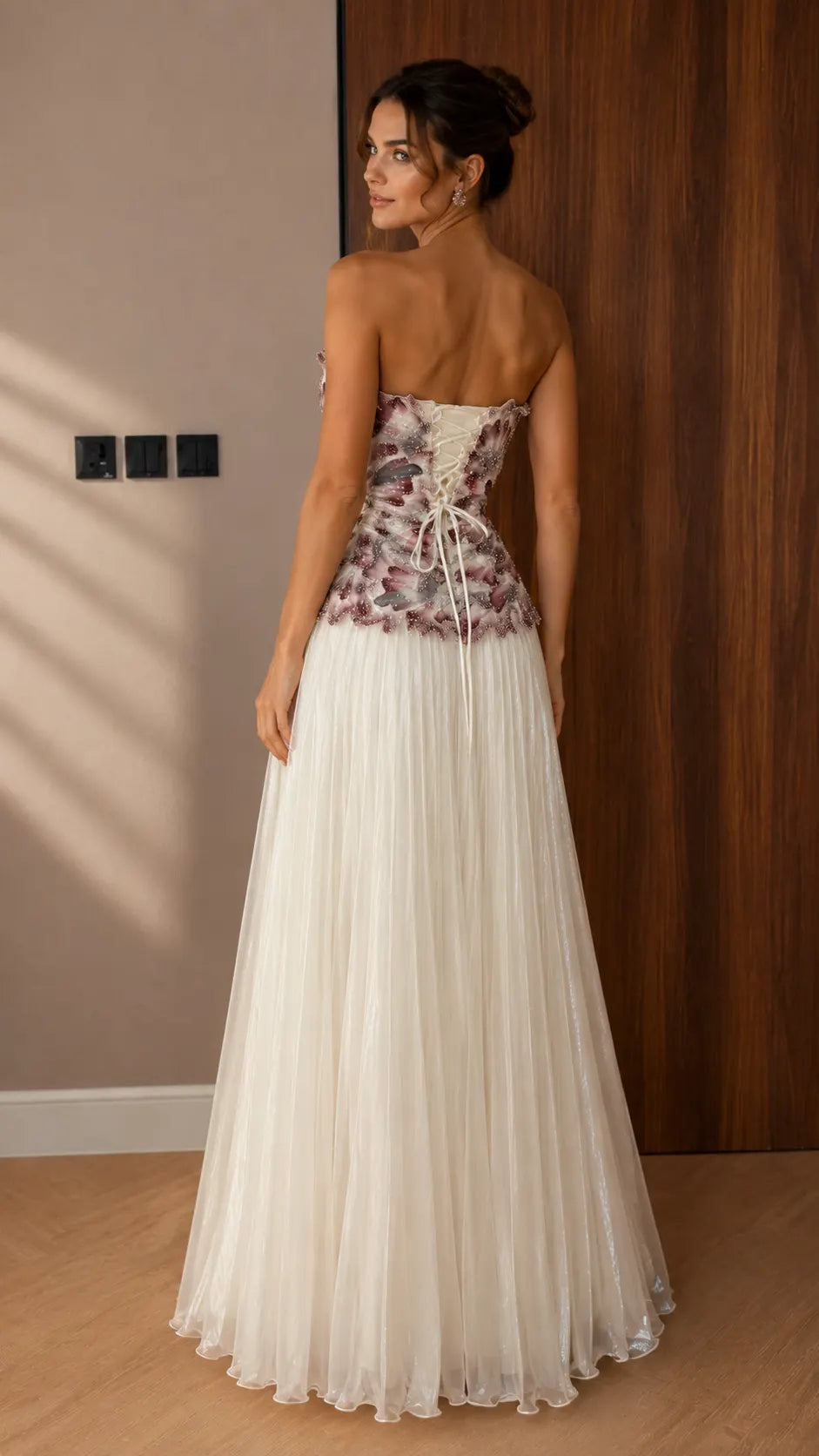 Strapless Gradient Floral Applique Pleated Tulle Evening Dress