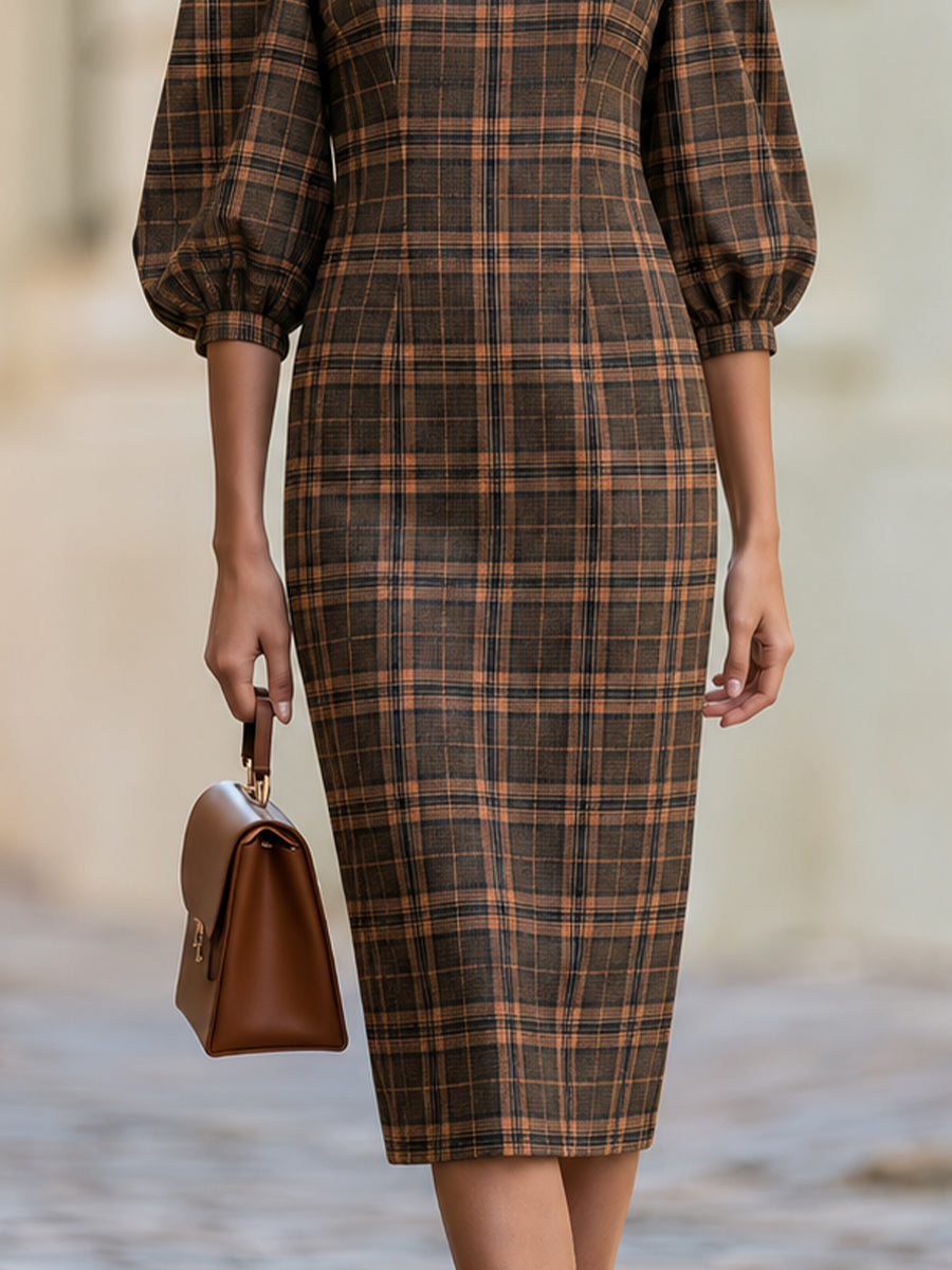 High Neck Puff Balloon Sleeve Brown Plaid Midi  Dress
