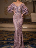 Party Half Sleeves Floral Printed See-Through Shiny V-Neck Maxi Dresses