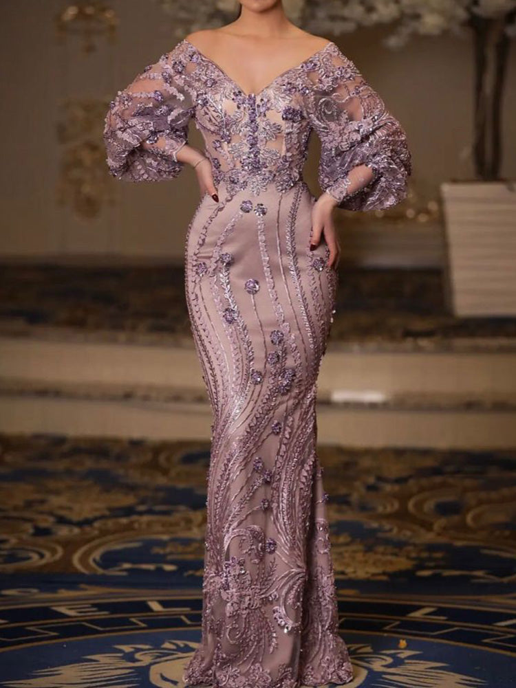 Party Half Sleeves Floral Printed See-Through Shiny V-Neck Maxi Dresses