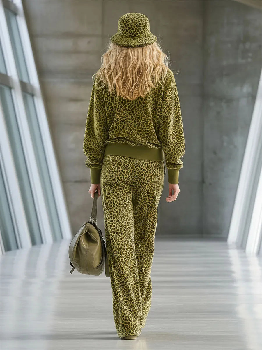 High-end Fashionable Leopard Print Velvet Faux Fur Collar Sweatshirt Wide-leg Pants Suit