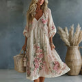 Women's Vintage Retro Floral Art Flowy Linen Blend Casual Long Sleeve Maxi Dress