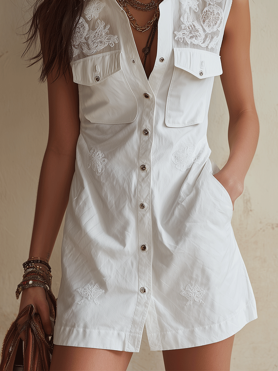 Elegant Vacation White Embroidered Pocket Mini Dress