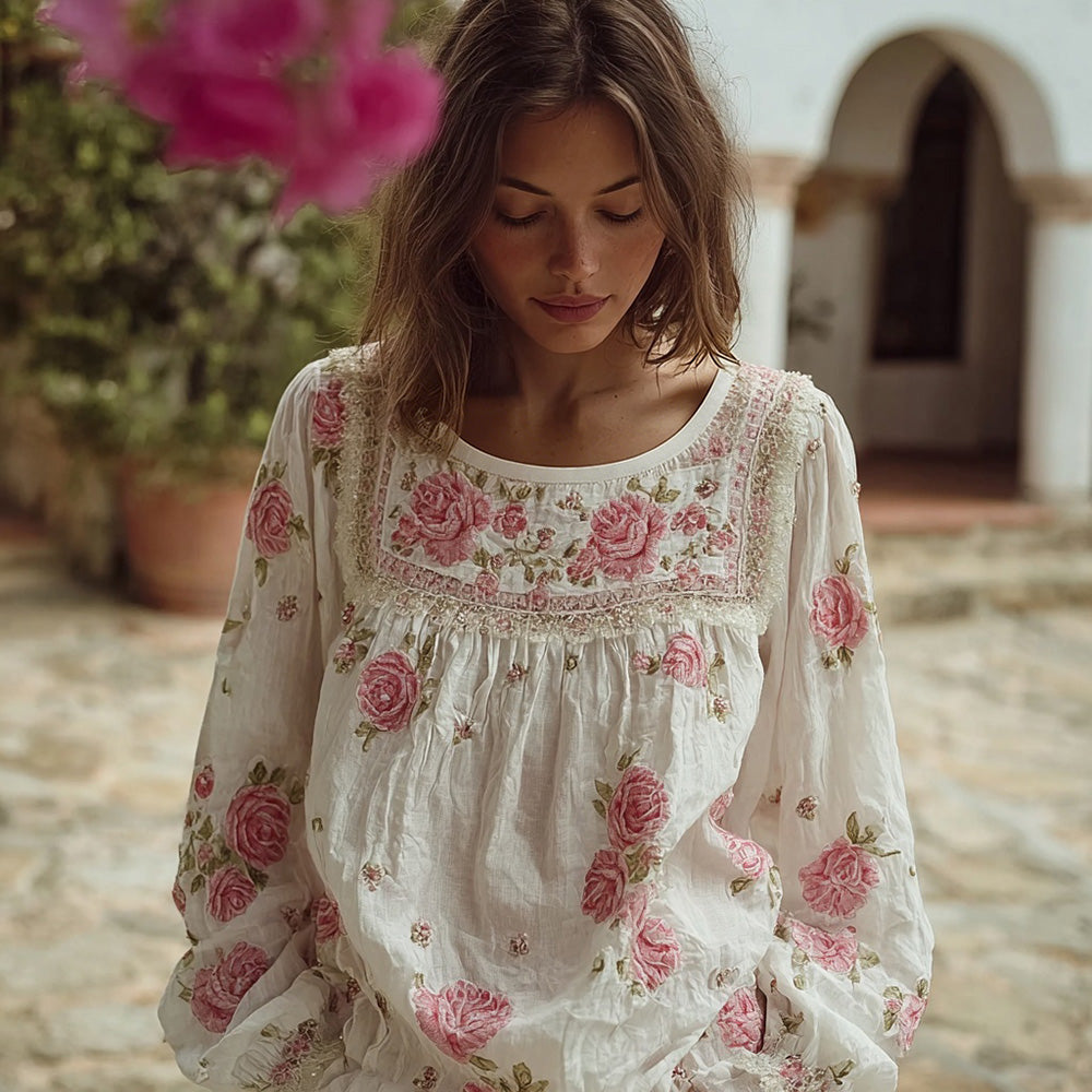 Vintage Boho Roses Pattern Comfy Linen Tunic