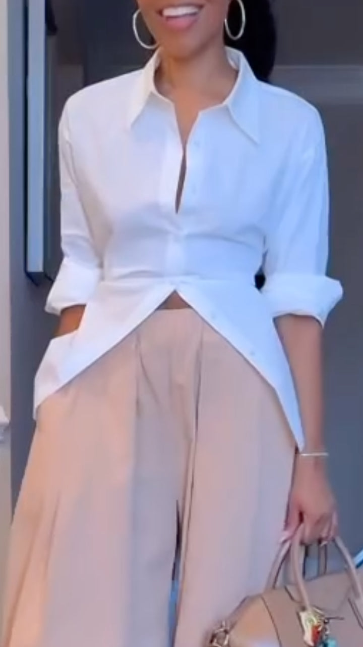 Women's Lapel, Waist-Cinching Shirt + High-Waisted Wide-Leg Pants SetPants Set