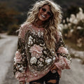 Women's Vintage Romantic White Rose Embroidery Art Long Sleeve Round-neck Sweater