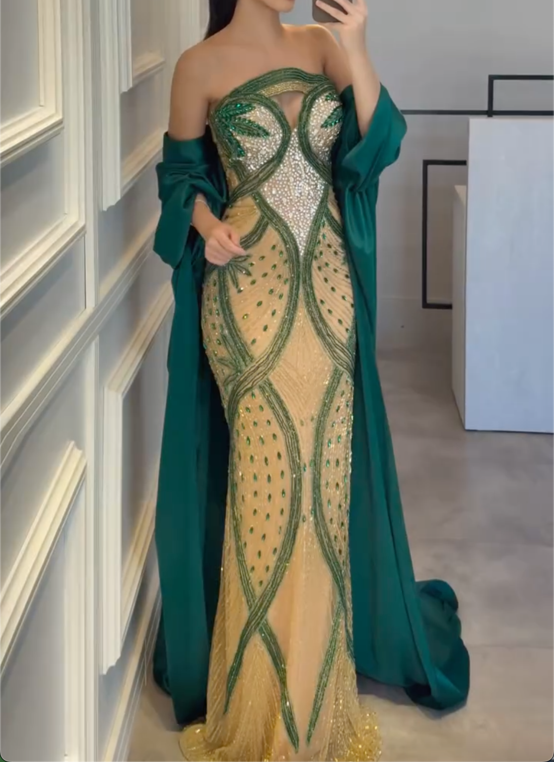 Luxury Emerald Green Strapless Mermaid Maxi Gown with Cutout Bust & All-Over Crystal Beading