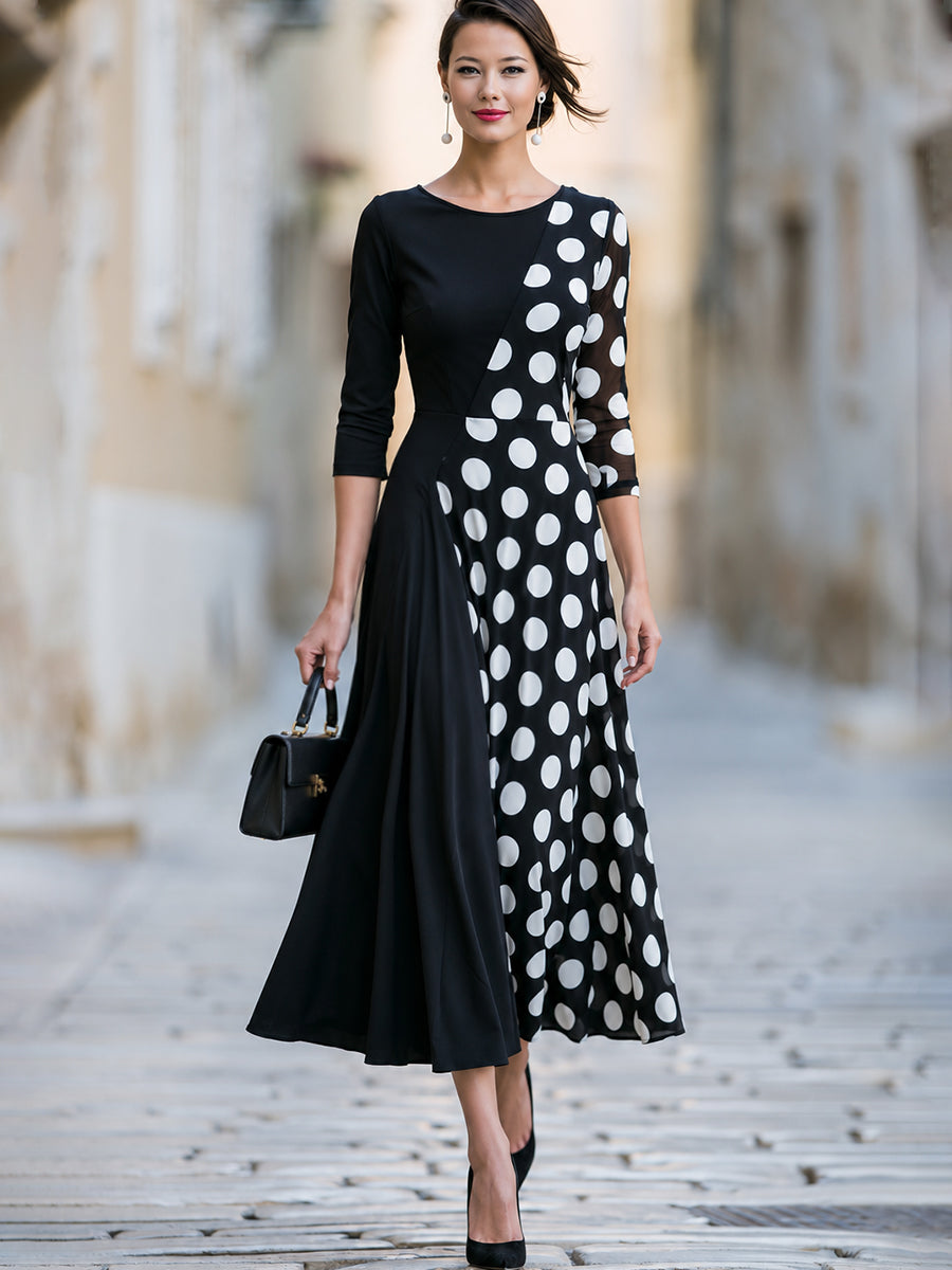 Asymmetrical Polka Dot Mesh Panel Midi Dress