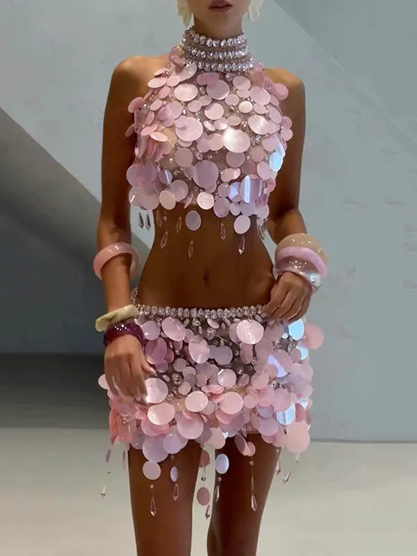shiny sequinned tasseled Sleeveless vest tops & mini dresses sets