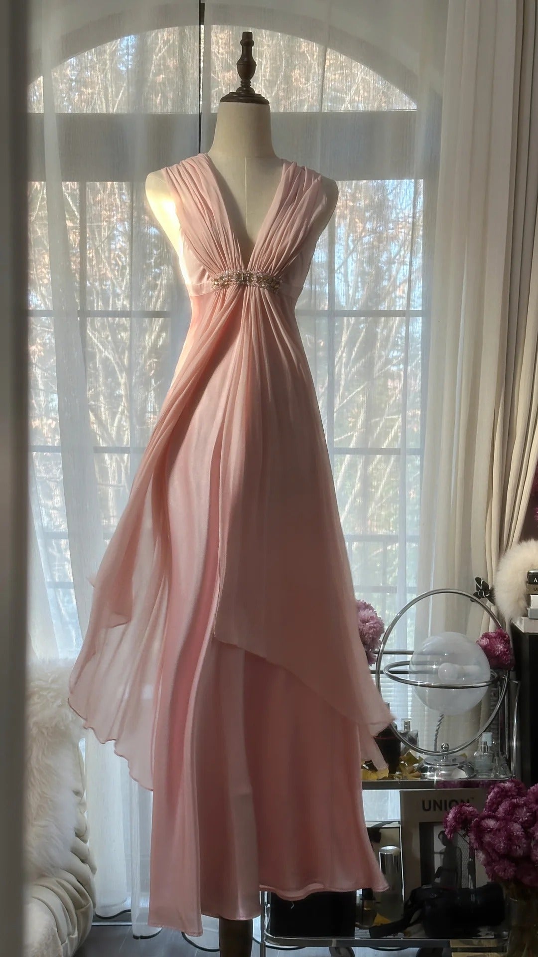 Pink Elegant Exquisite Rhinestone Long Satin Chiffon Ball Gown Evening Dress Party Dress Birthday Dress Date Dress 4163