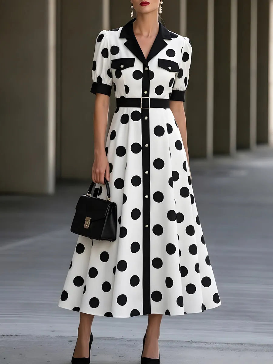 Black And White Polka Dot Shirt Dress (Mid-Length)