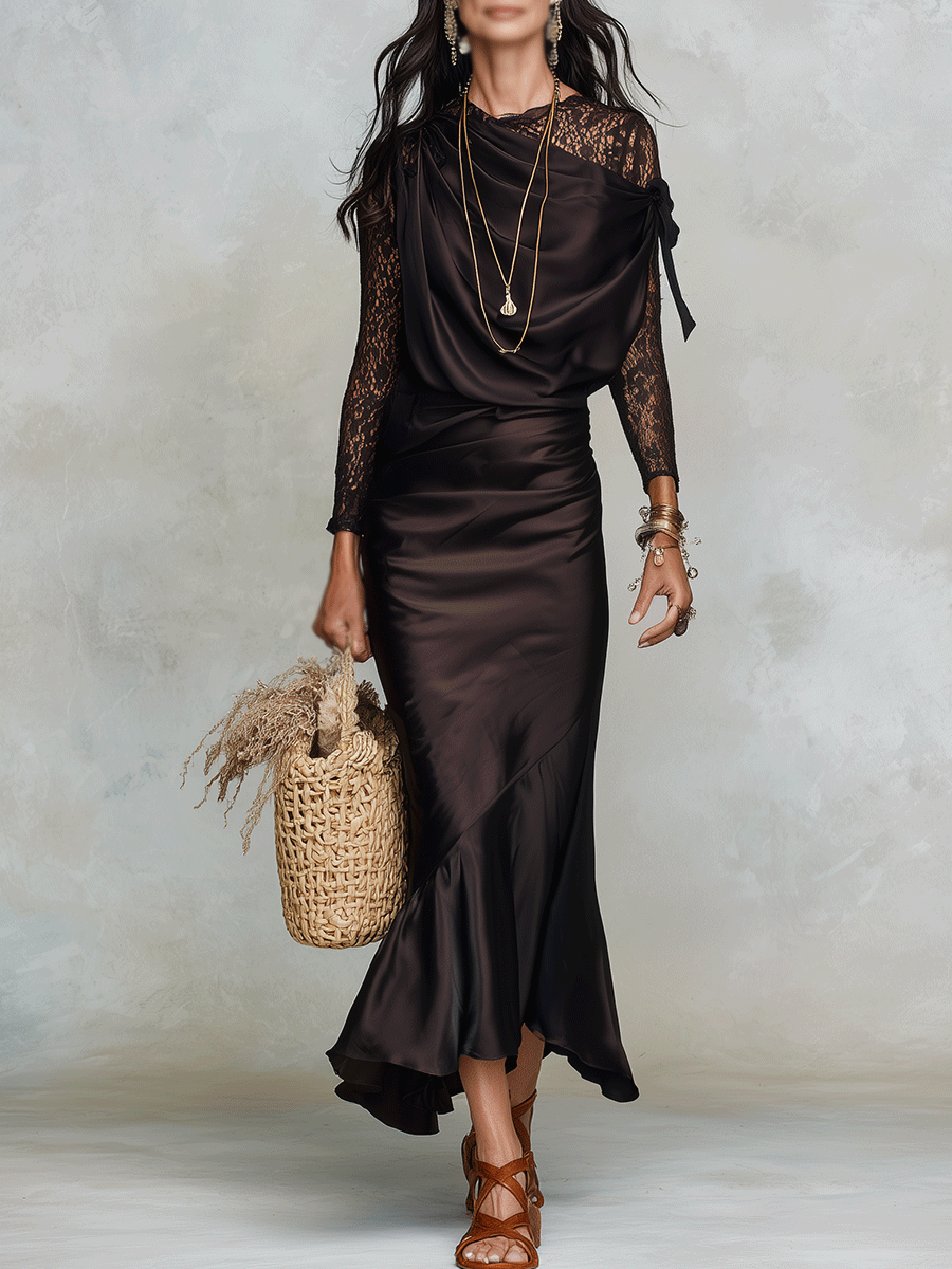 Elegant Vacation Noir Lace Detail Flowing Maxi Dress