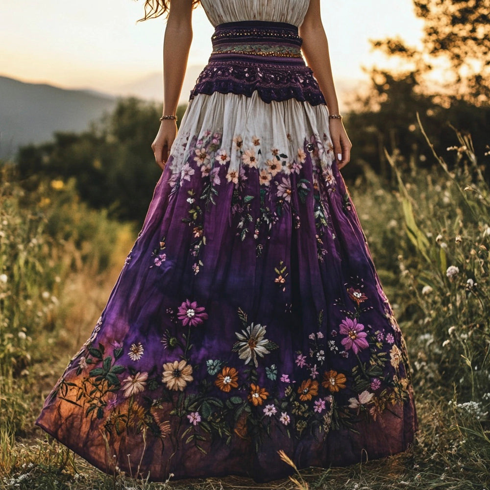 Women's Boho Floral Embroidery Purple Gradient Cotton Flowing Half Elastic Skirt