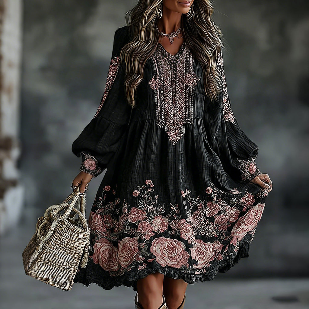 Women's Vintage Floral Art Flowy Linen Blend Casual Round Neck Long Sleeve Maxi Dress