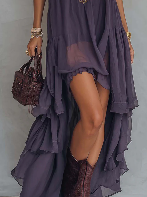 Retro Halter Neck Irregular Ruffle Maxi Dress