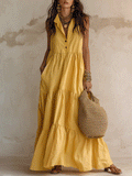 Effortless Resort Linen Collared Button-Front Tiered Ginger Maxi Dress