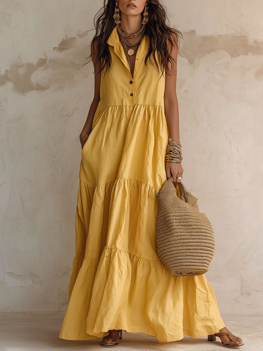 Effortless Resort Linen Collared Button-Front Tiered Ginger Maxi Dress